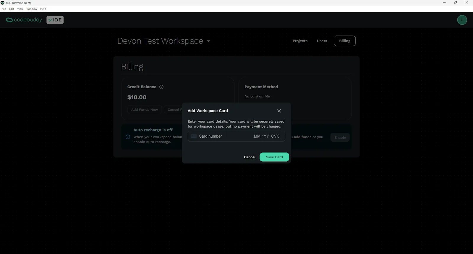 Add a Payment Method modal within the Workspace Billing Screen.