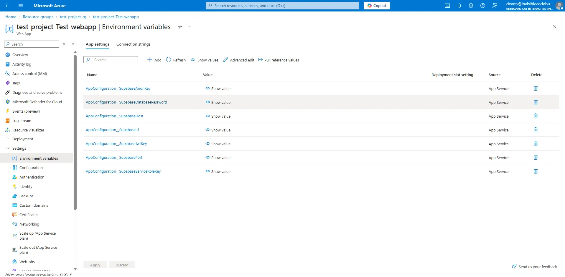 Adding Azure environment variables.