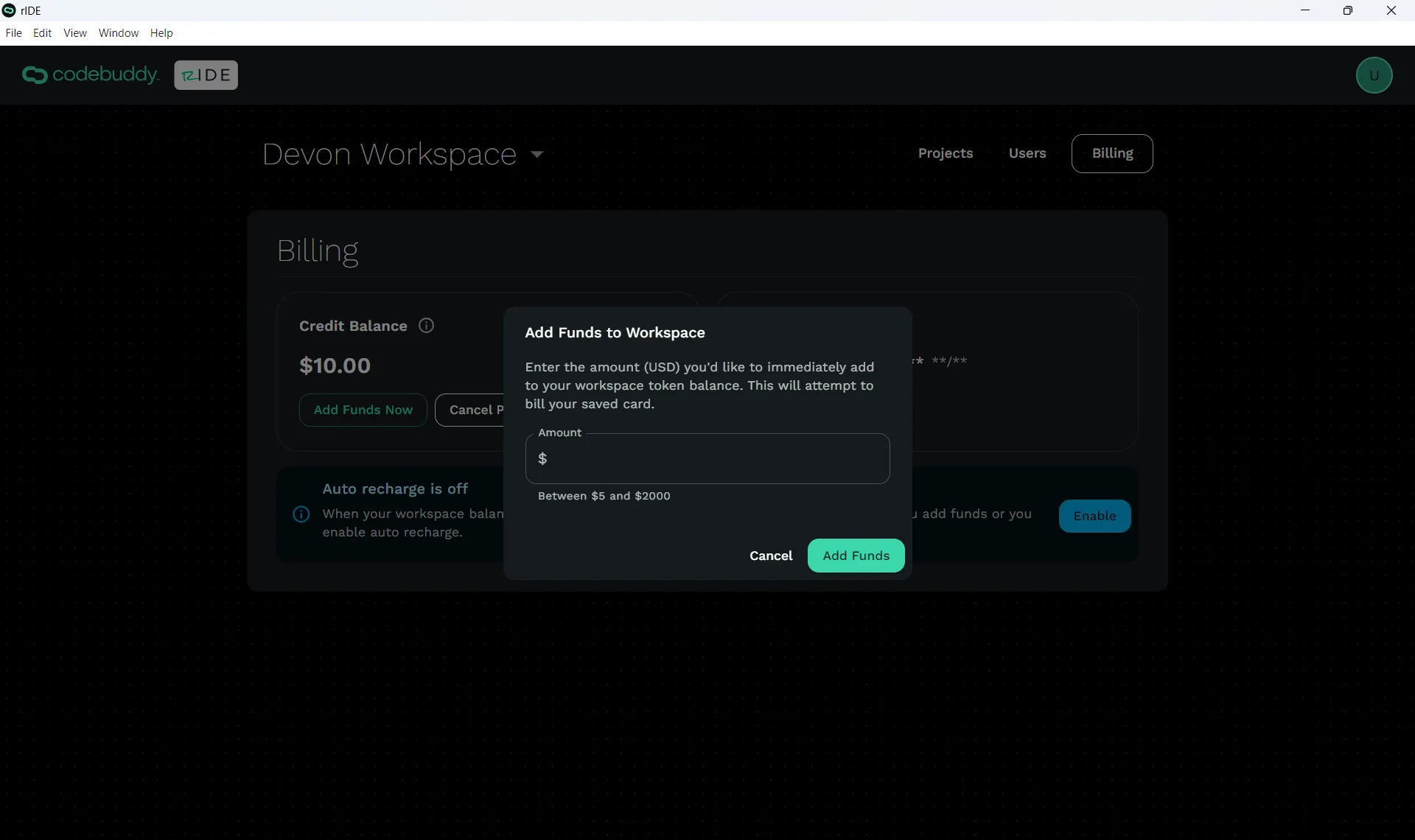 Workspace Billing screen with Credit Balance, Payment Methods, and ability to activate Auto Recharge.
