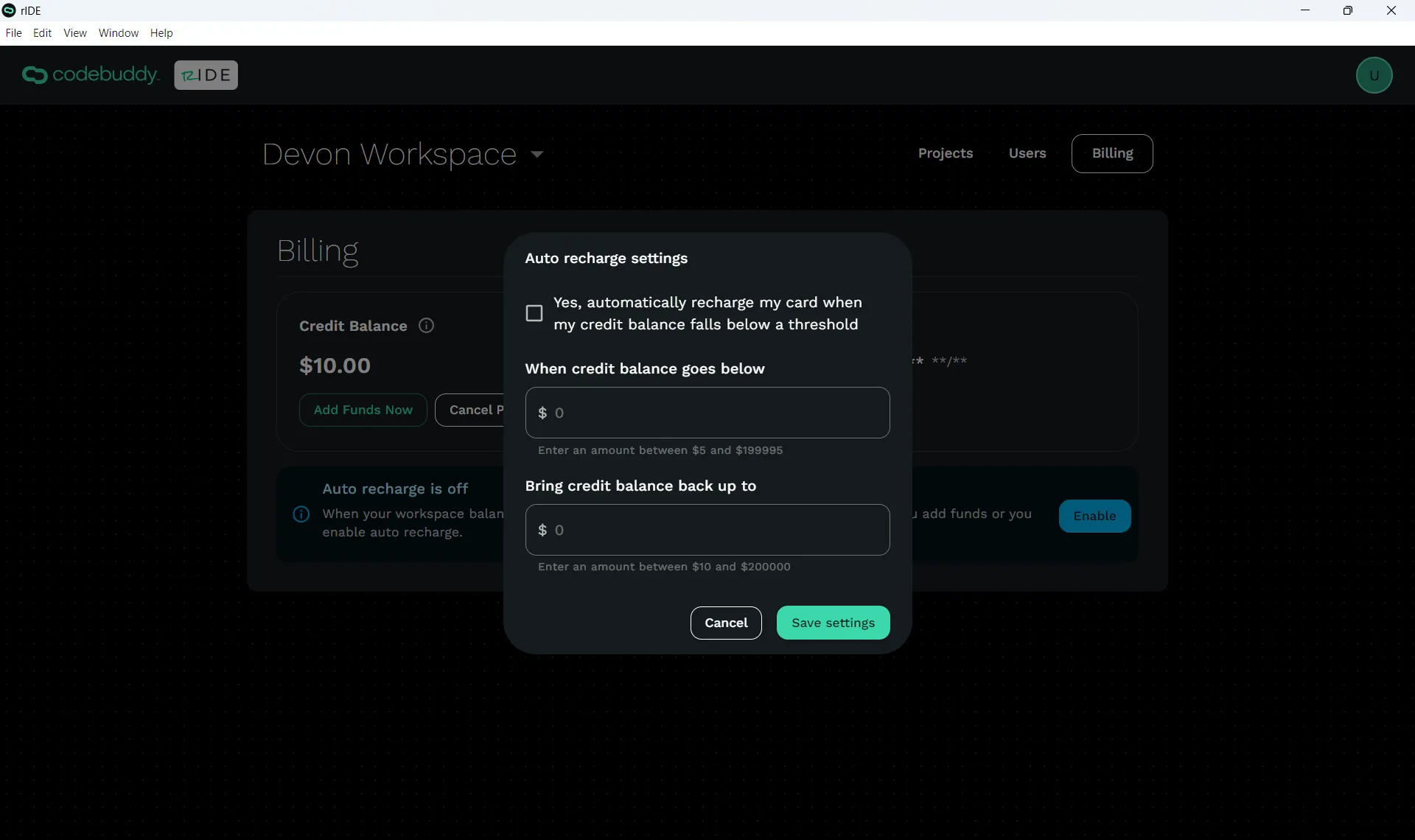 Workspace Billing screen with Credit Balance, Payment Methods, and ability to activate Auto Recharge.