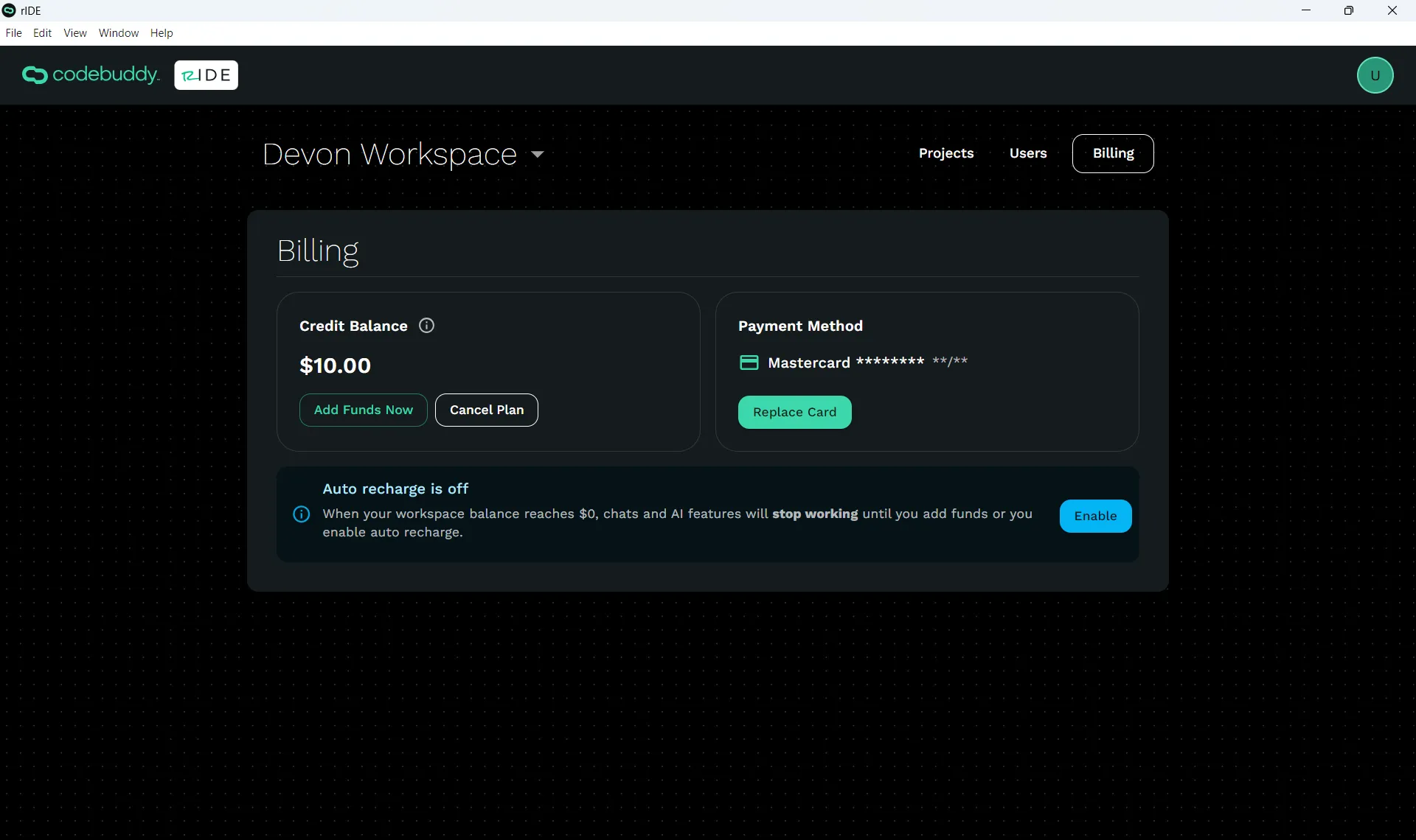 Workspace Billing screen with Credit Balance, Payment Methods, and ability to activate Auto Recharge.