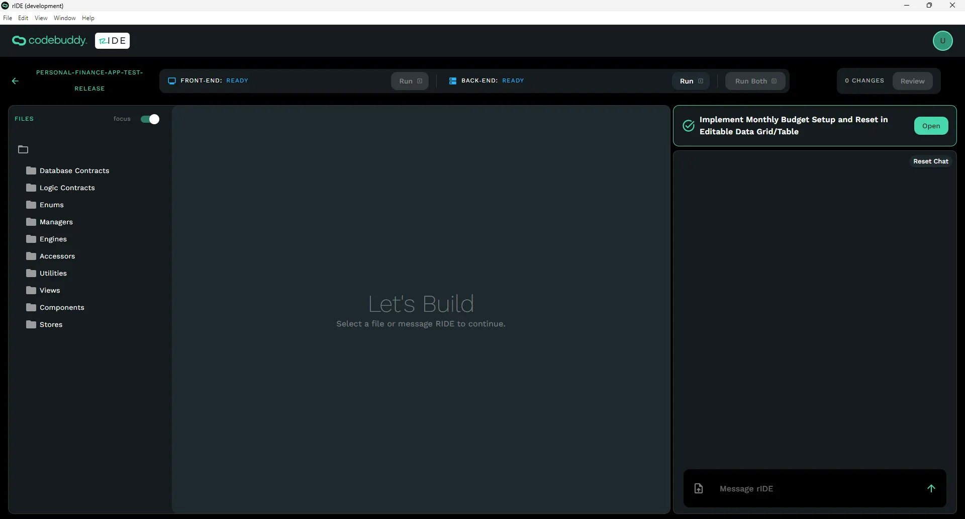 Code Editor with File tree (left sidebar), Code viewer (in the middle), and AI Chat (right sidebar) screen.