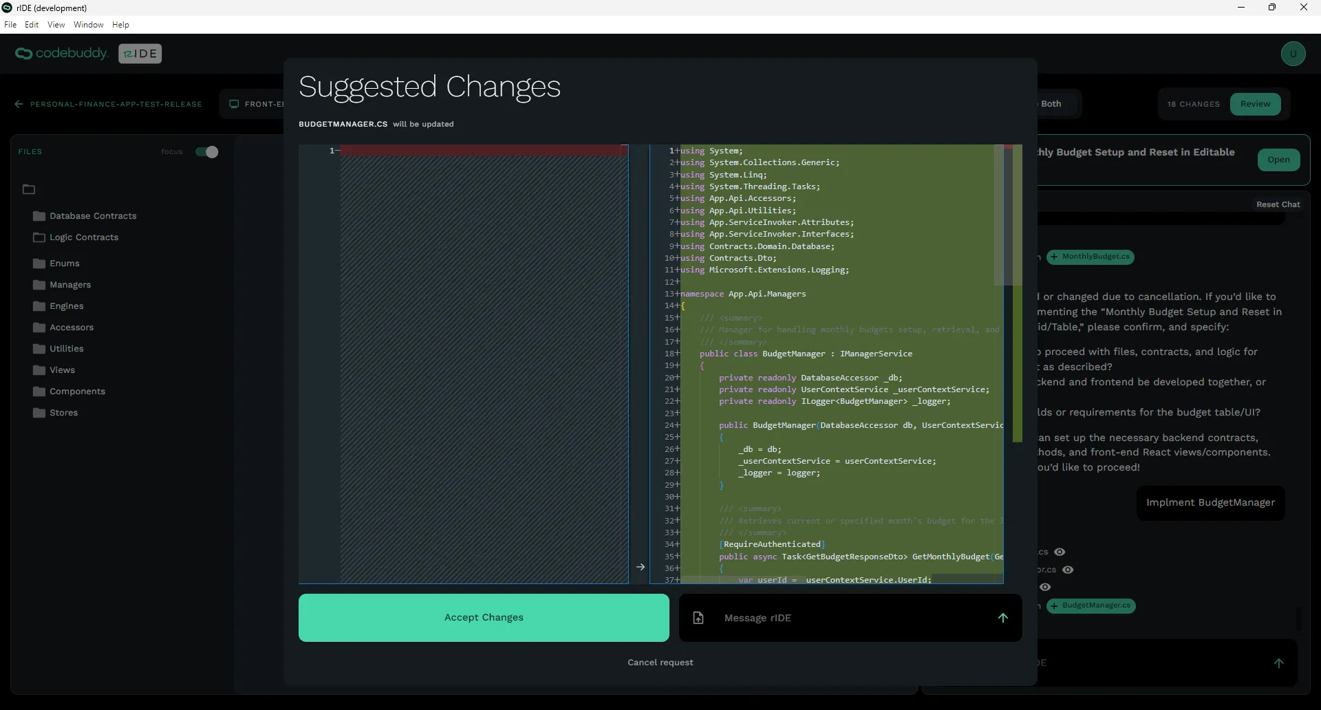 Opened Task Details Modal with previous chat threads within the Code Editor screen.