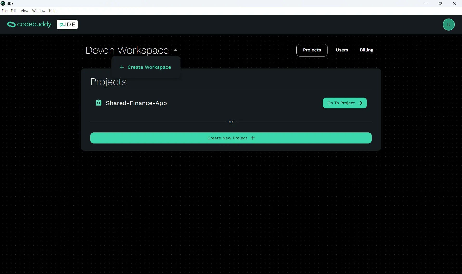 Create Workspace screen with an input field for workspace name and next button.