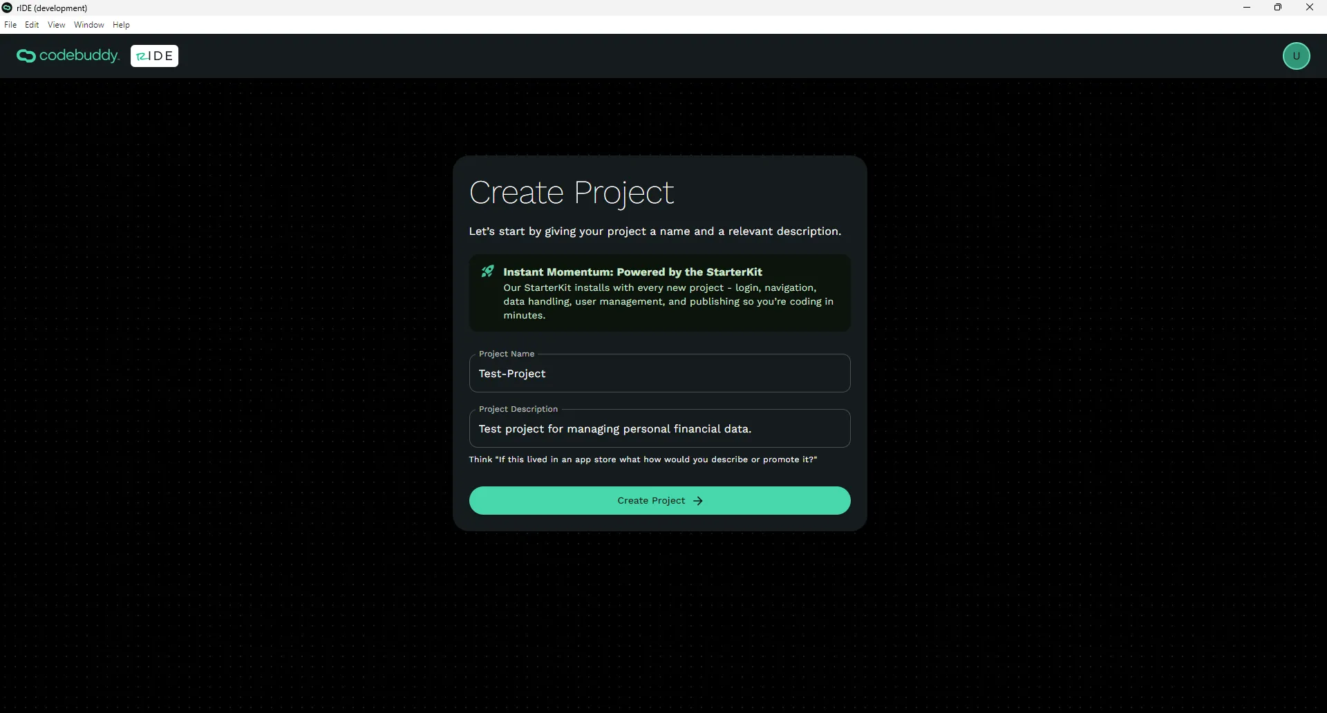 Create Project screen with input fields for Project Name, Project description, and a disabled Create Project button.