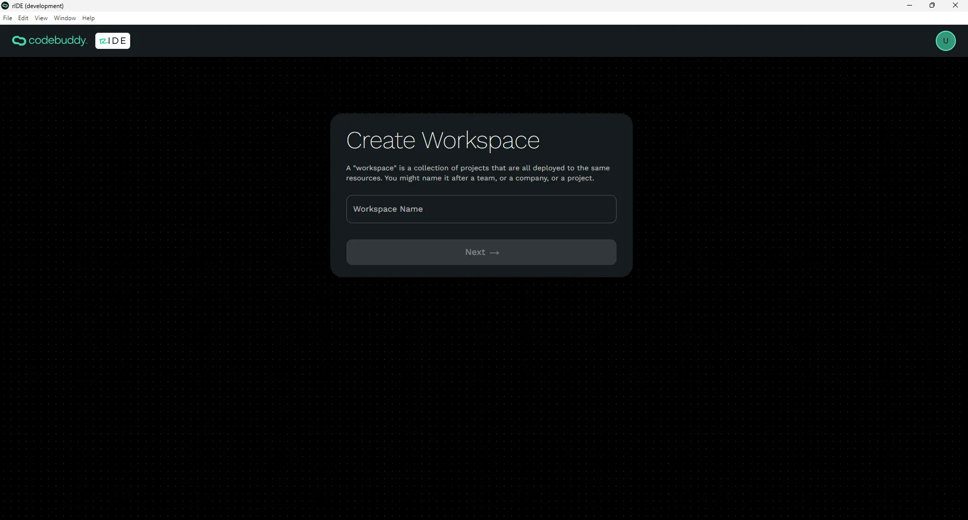 Create Workspace screen with an input field for workspace name and next button.