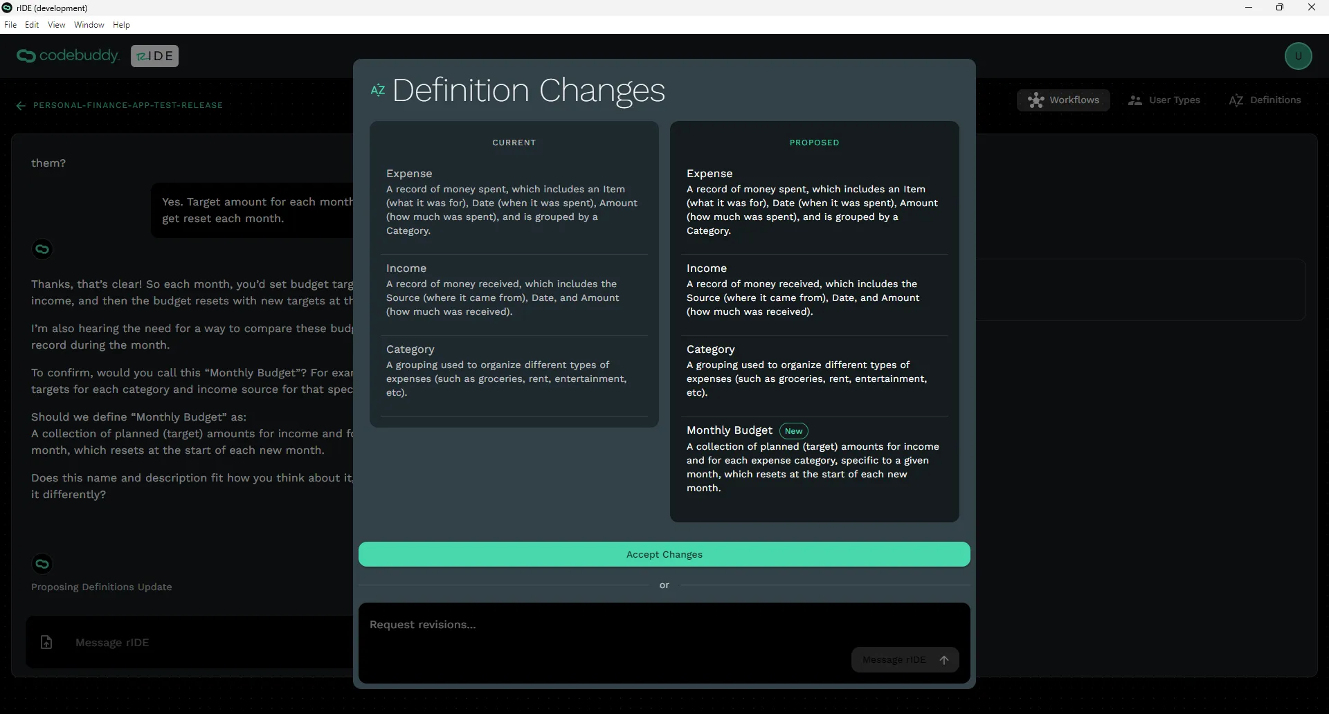 Definition changes modal with current and proposed changes.