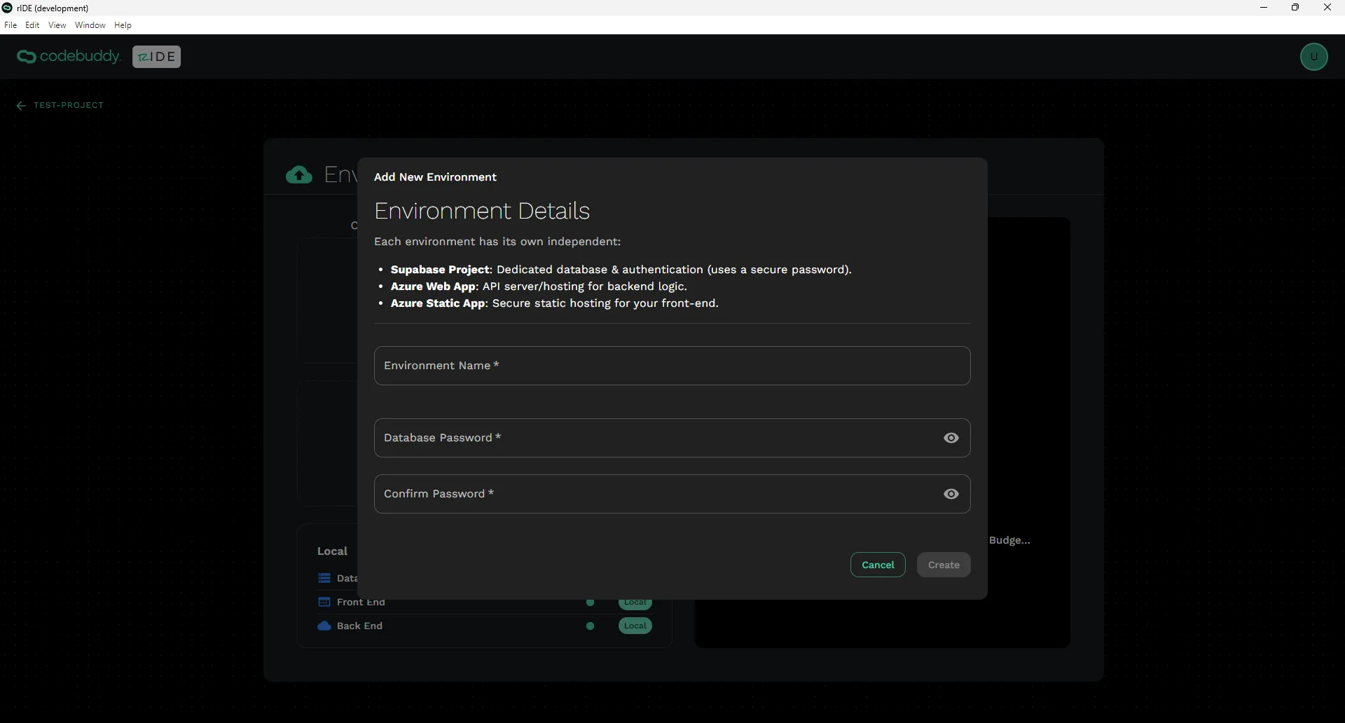 Environment details modal with fields with Environment Name and Database Password.
