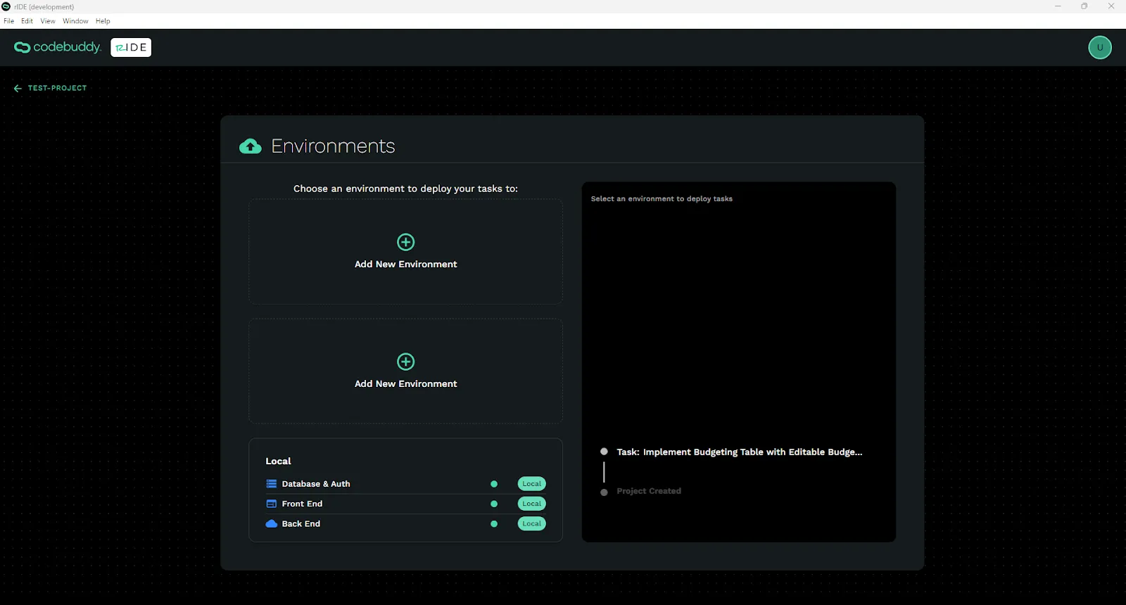 Environments screen within a project.