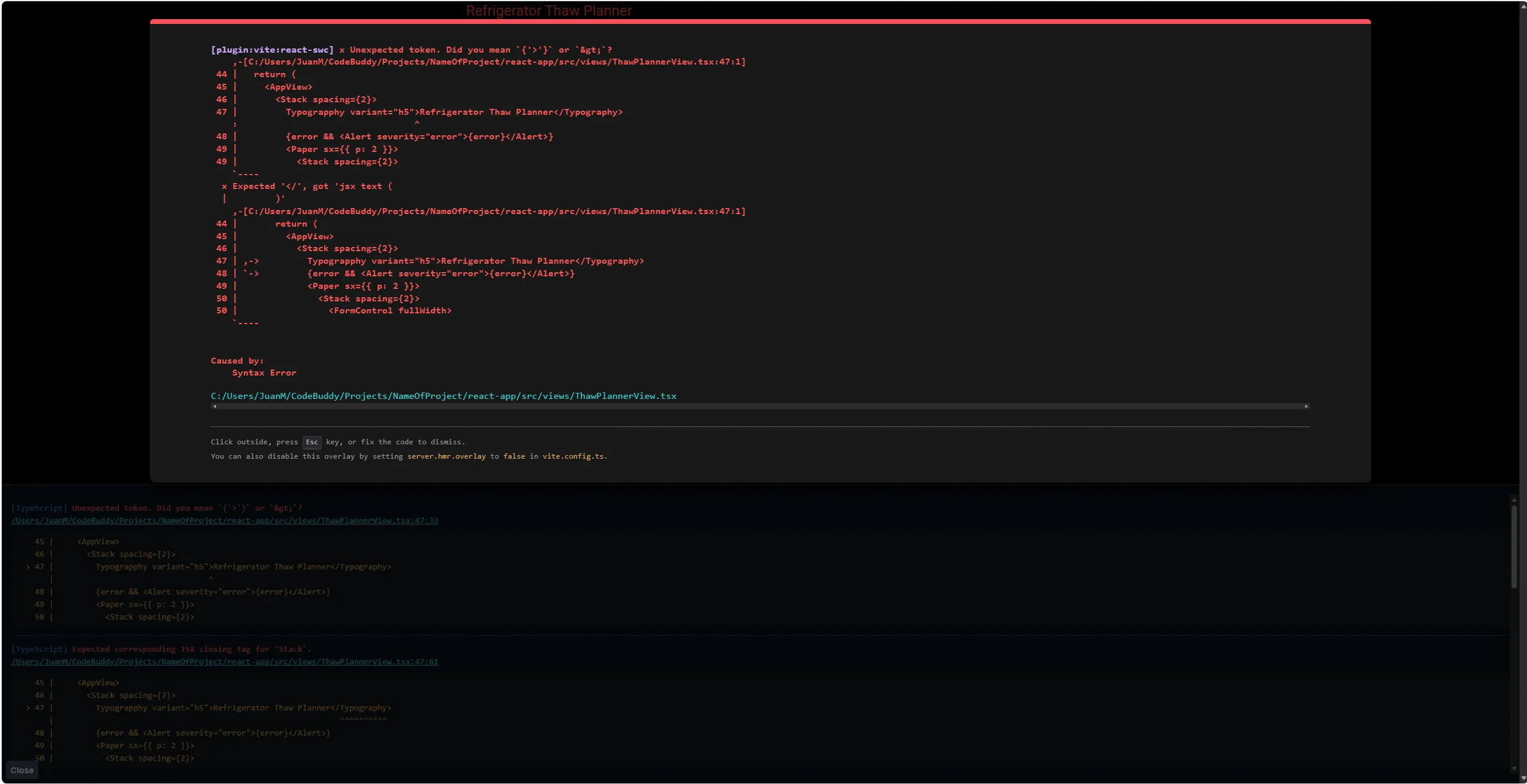 Viewing errors within the Code Editor.