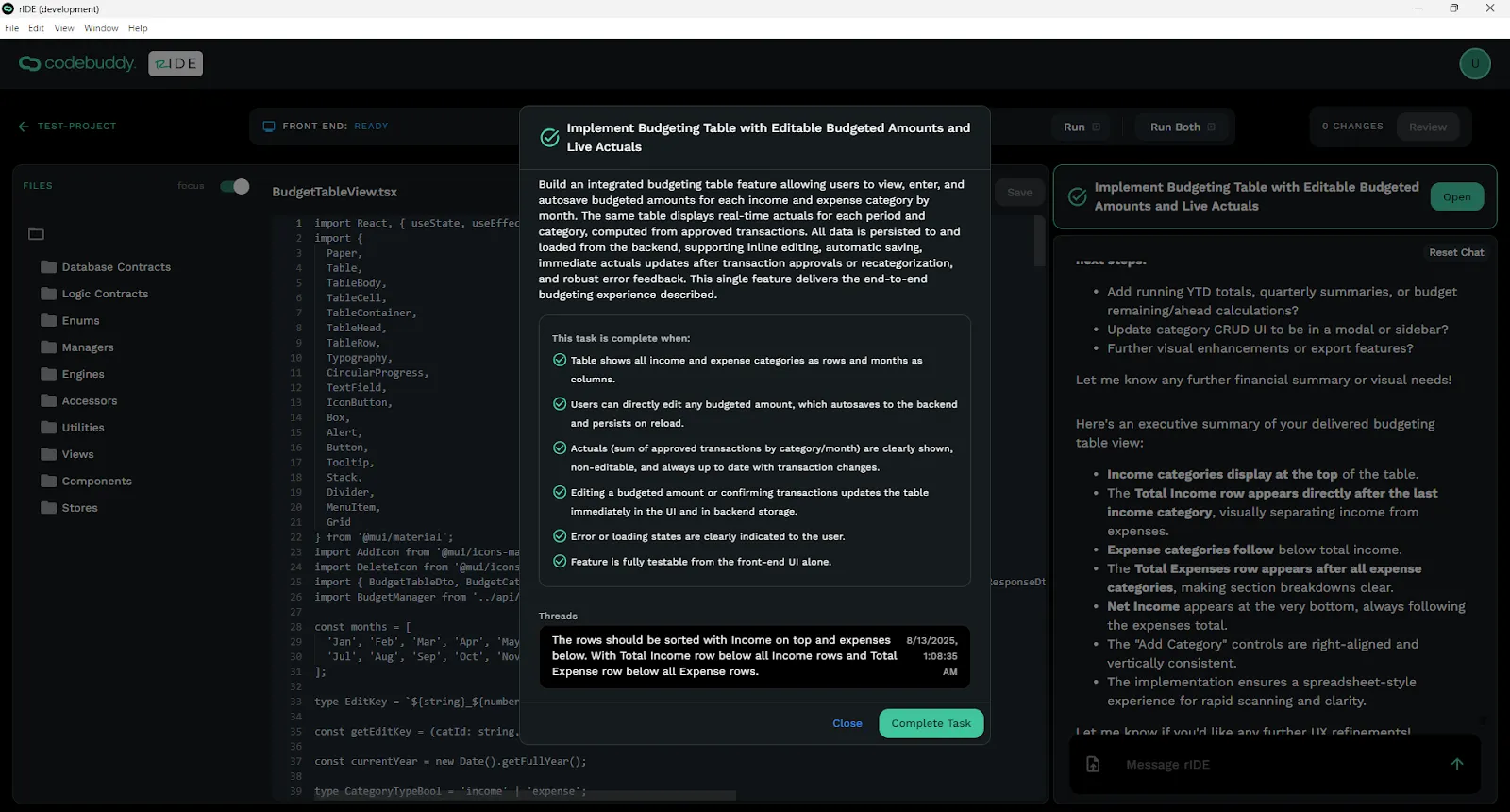 Open Task modal with Task Details and Complete Task button at the bottom right.