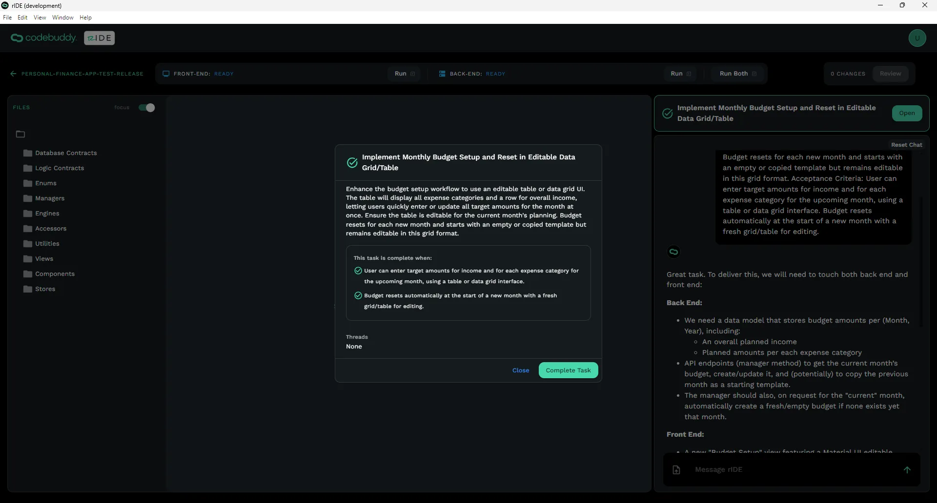 Opened Task Details Modal within the Code Editor screen.