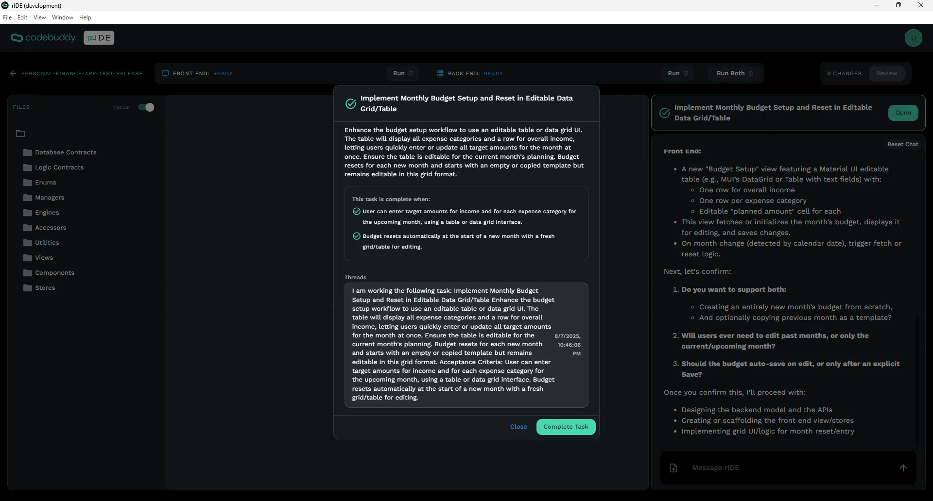 Opened Task Details Modal with previous chat threads within the Code Editor screen.