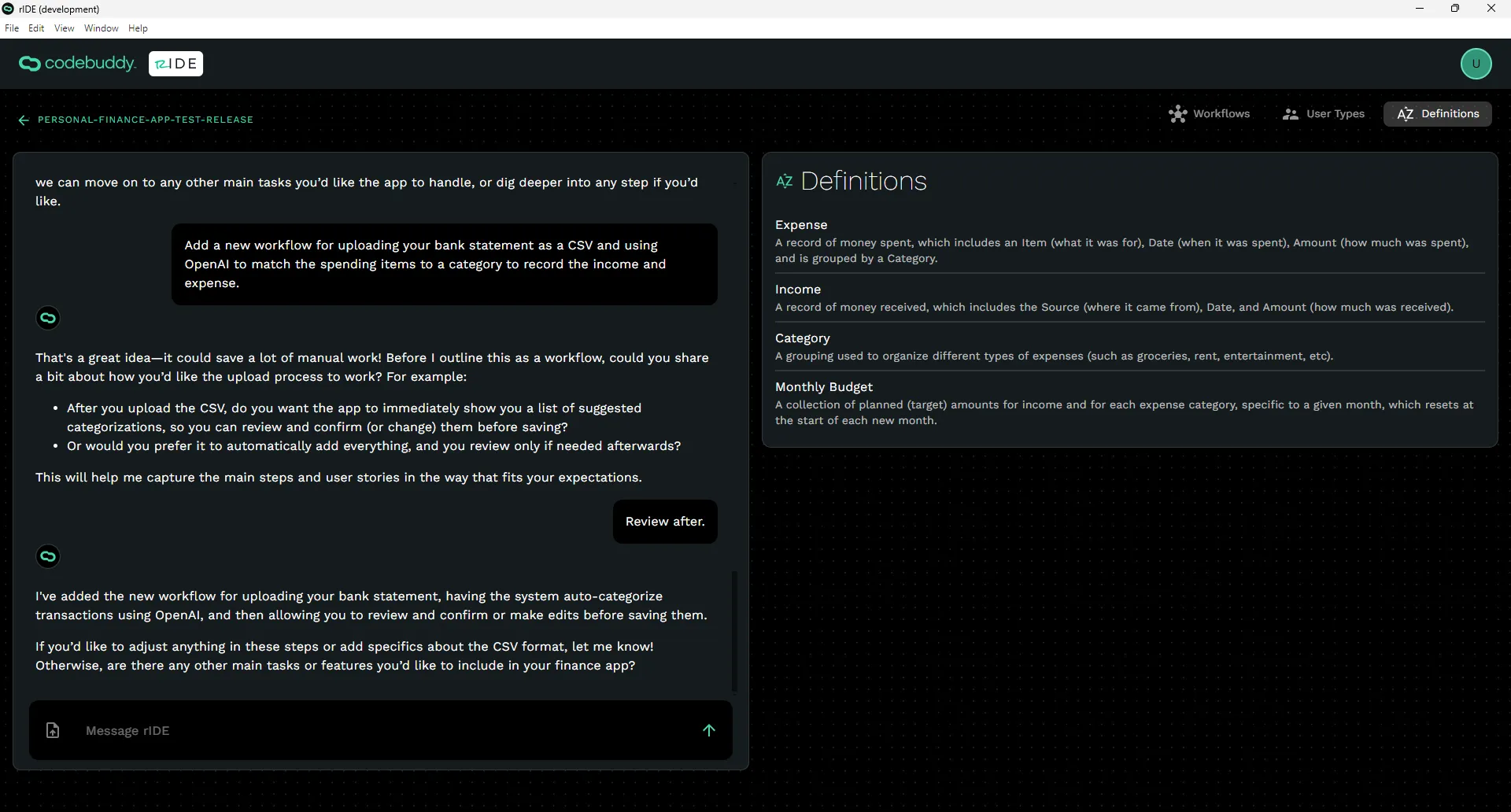 Definitions generated by Ride on the right sidebar of the software planning screen.