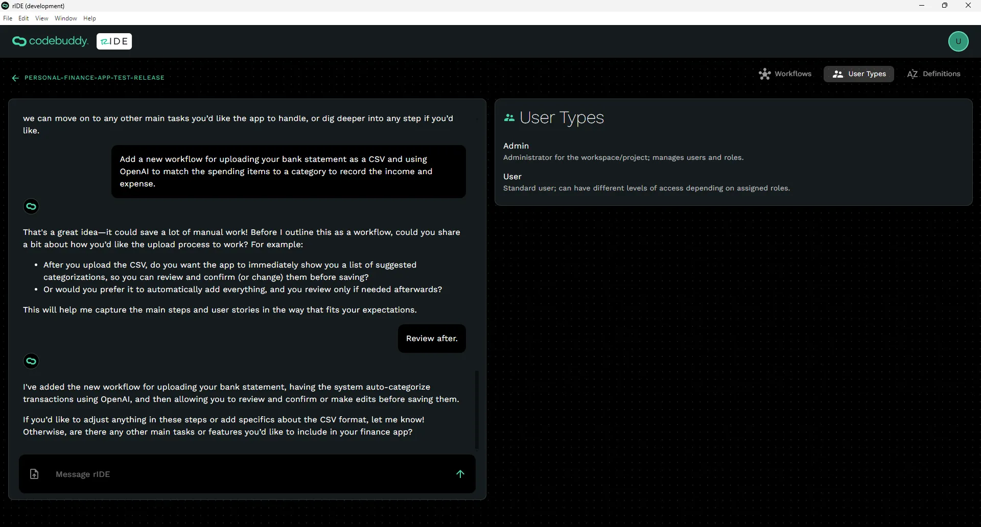 User Types generated by Ride on the right sidebar of the software planning screen.
