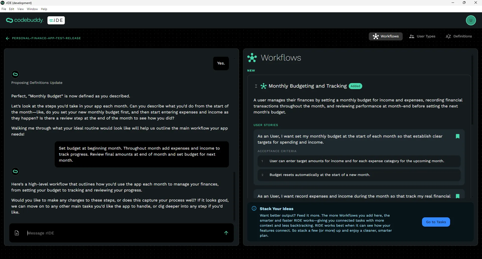 Workflow generated by Ride on the right sidebar of the software planning screen.