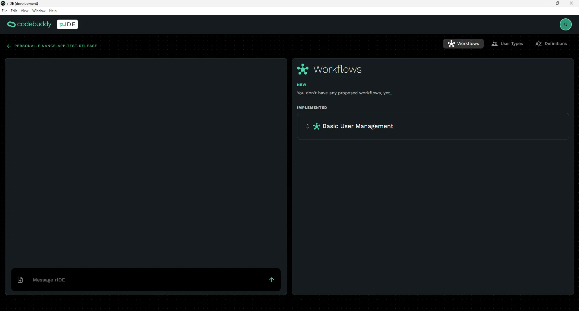Software planning screen with a chat area and tabs for Workflows, User Types, and Definitions.