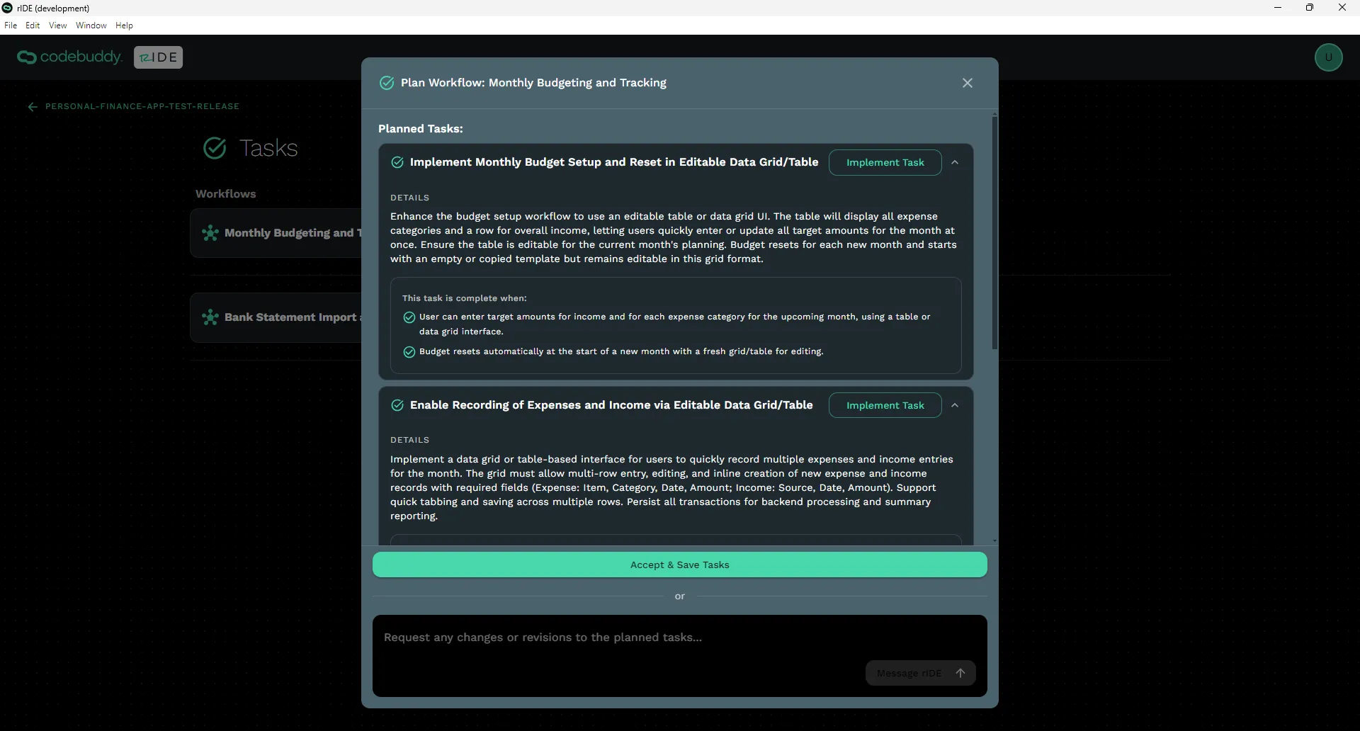 Planned tasks modal within the Workflow and Task Management screen.