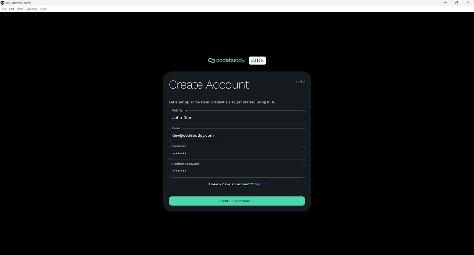 Ride account creation screen.