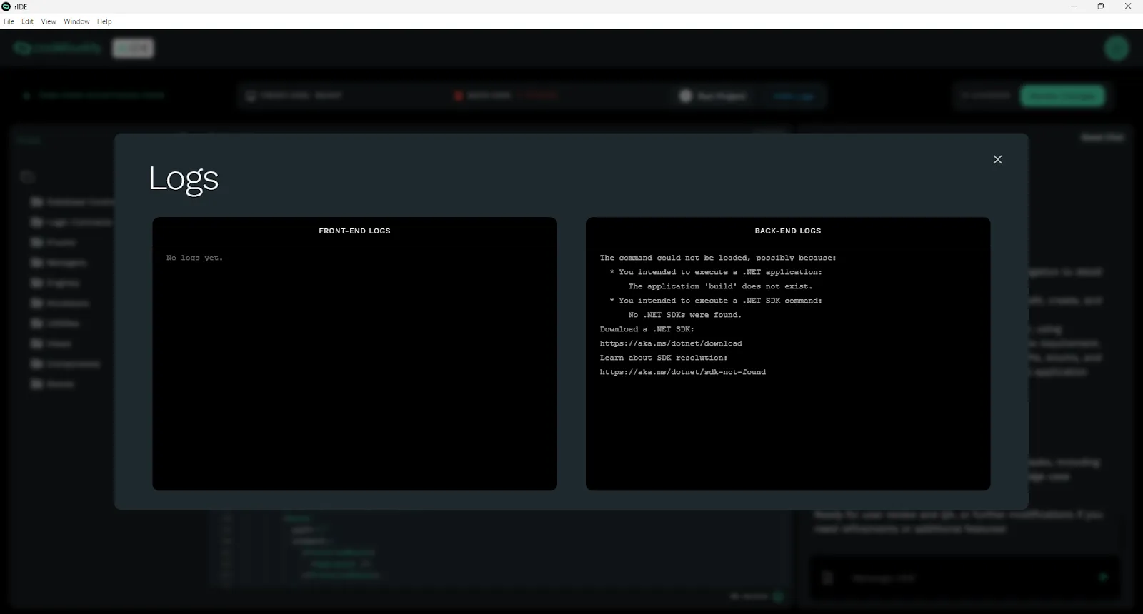 Compiling Logs Modal within the Code Editor.