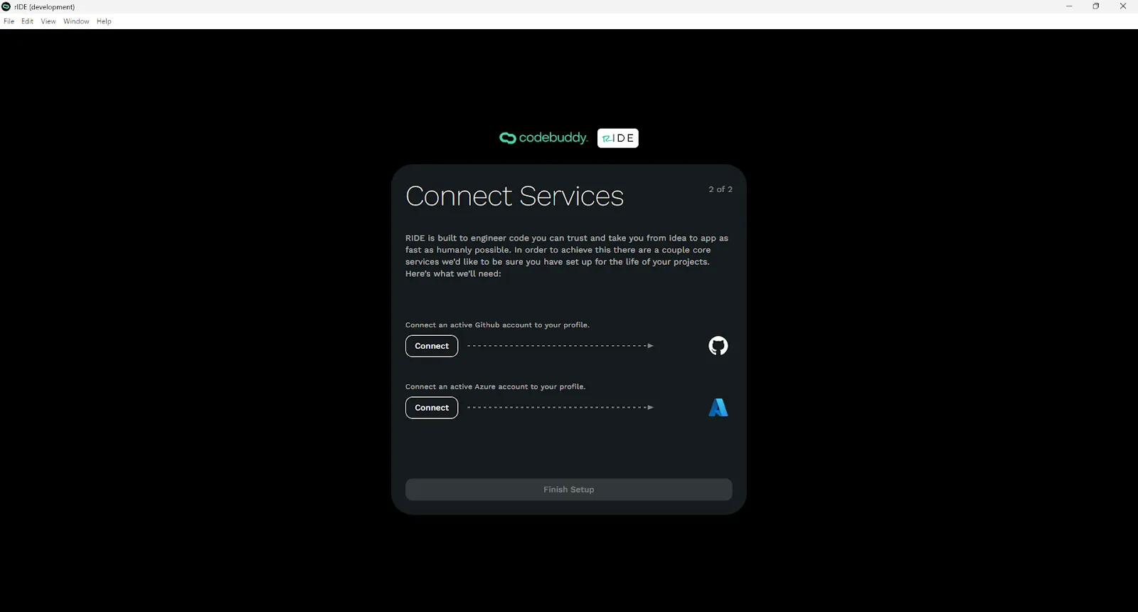 Connect your services (e.g. GitHub and Azure) to Ride.