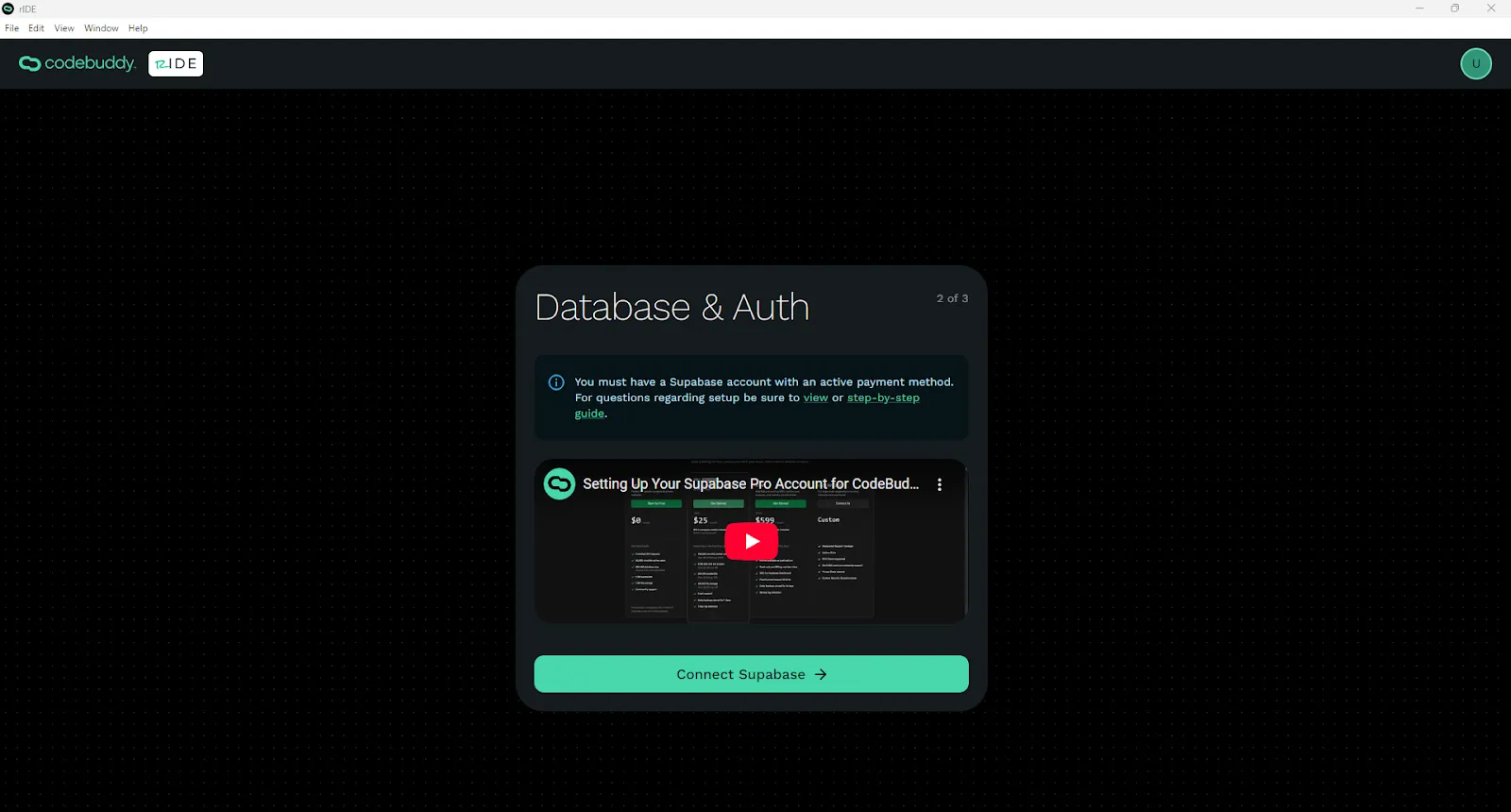 Ride Database &#x26; Auth Supabase Connection screen. Click Connect Supabase.
