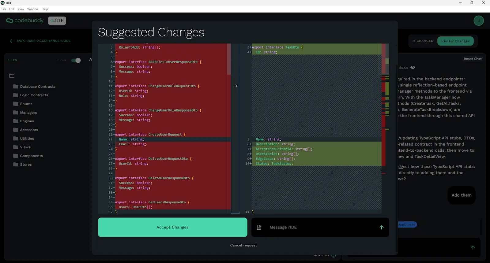 Suggest Changes modal showing previous code being deleted unnecessarily.