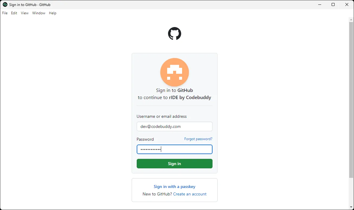 GitHub login screen to connect GitHub to Ride.