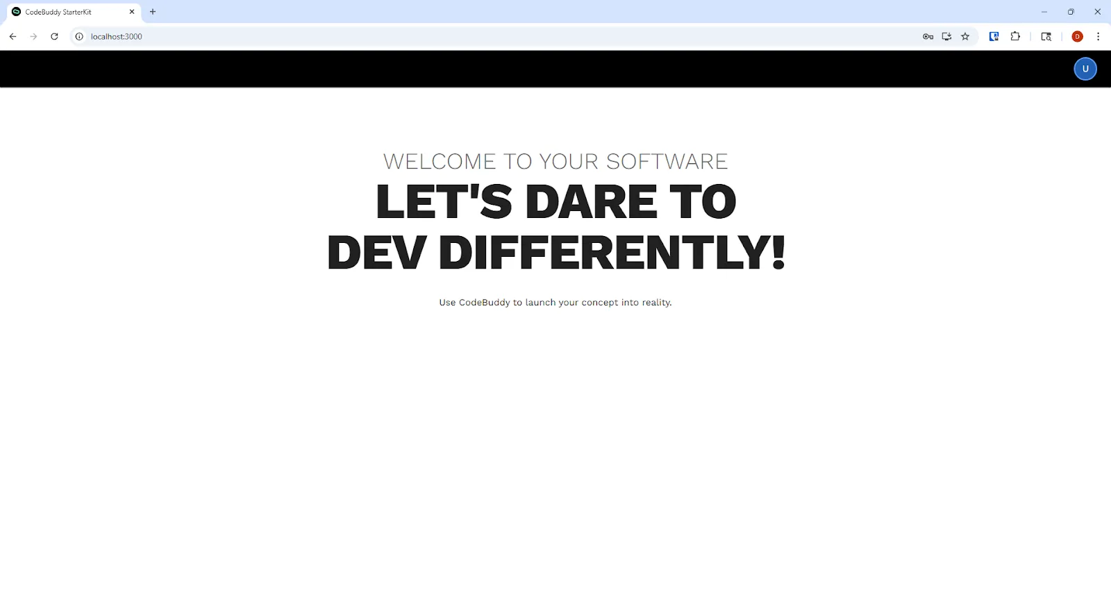CodeBuddy StarterKit app view after logging in via Localhost environment.