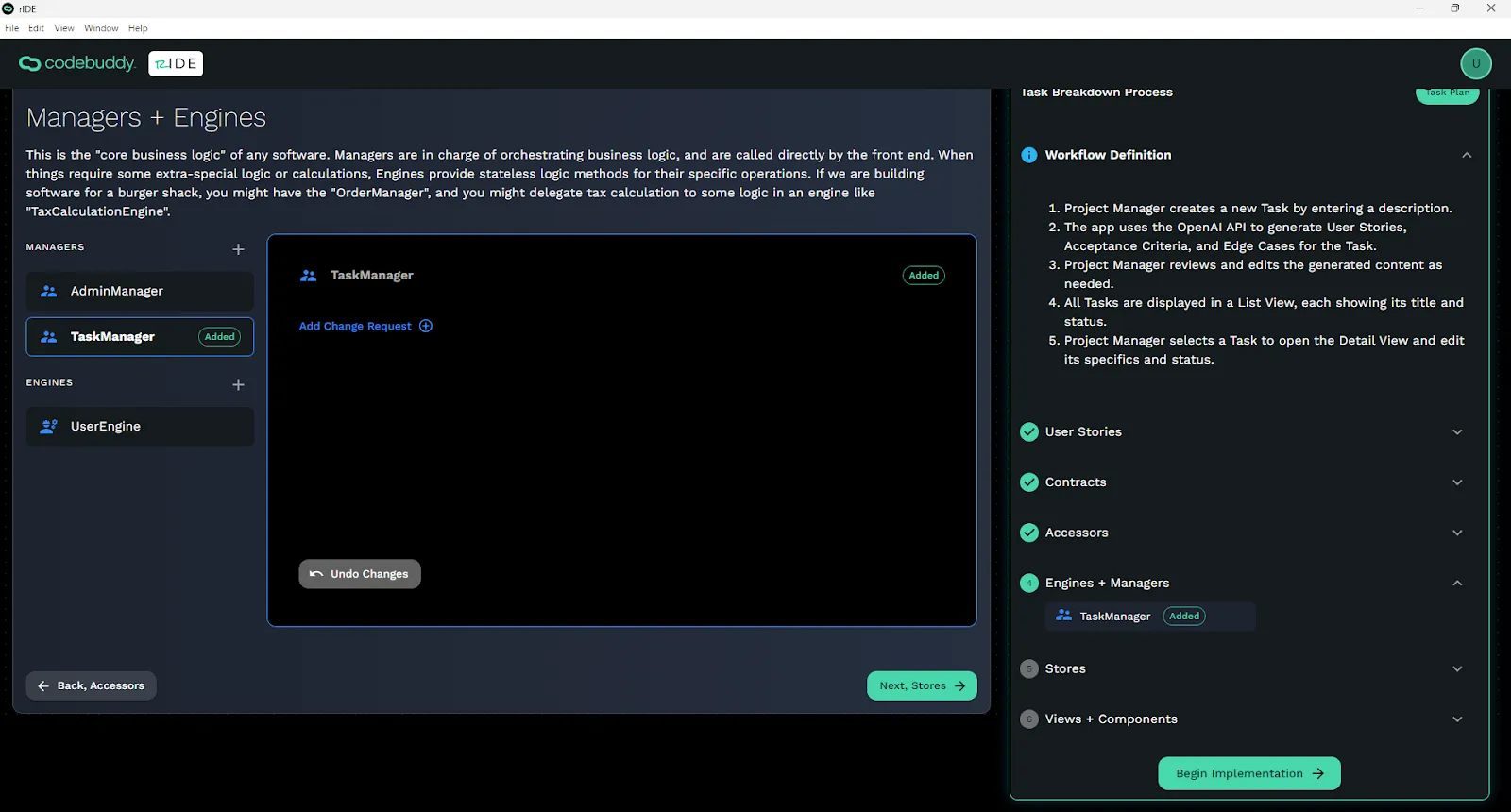 Managers and Engines creation screen.
