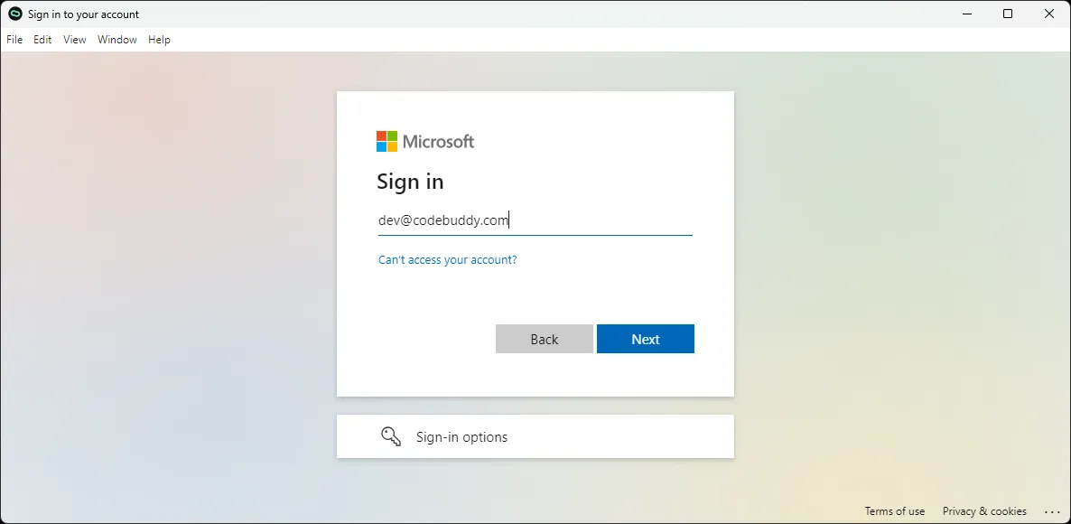 Microsoft login screen to connect Azure to Ride.