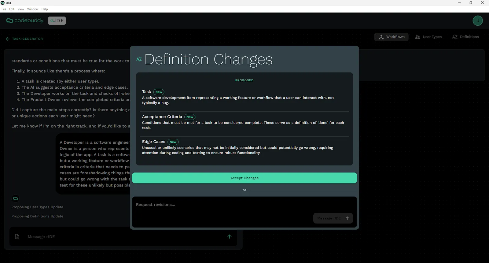 Definition Changes modal with Acccept Changes button or chat input.
