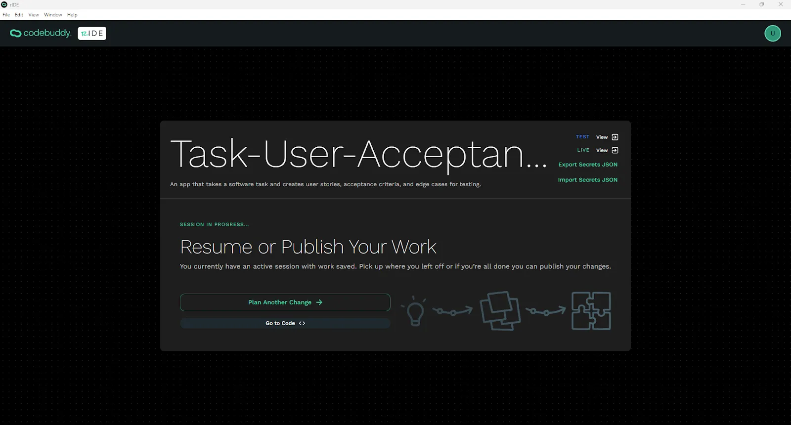 Ride project splash screen to choose whether to plan changes or go to code.