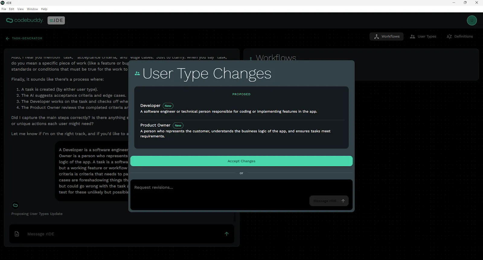 User Type Changes modal with Acccept Changes button or chat input.