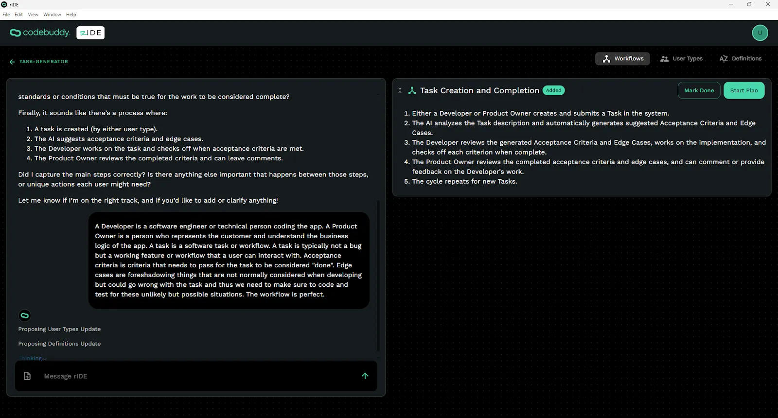 Ride software planning screen with chat conversation and sidebar results.