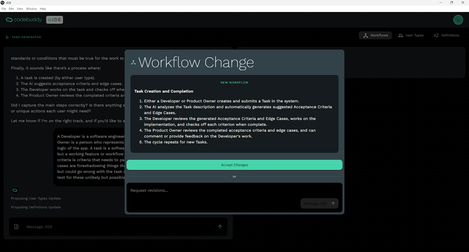 Workflow Changes modal with Acccept Changes button or chat input.