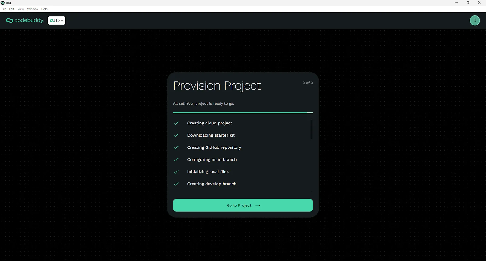 Ride is creating the project files and resources needed via Provision Project screen.