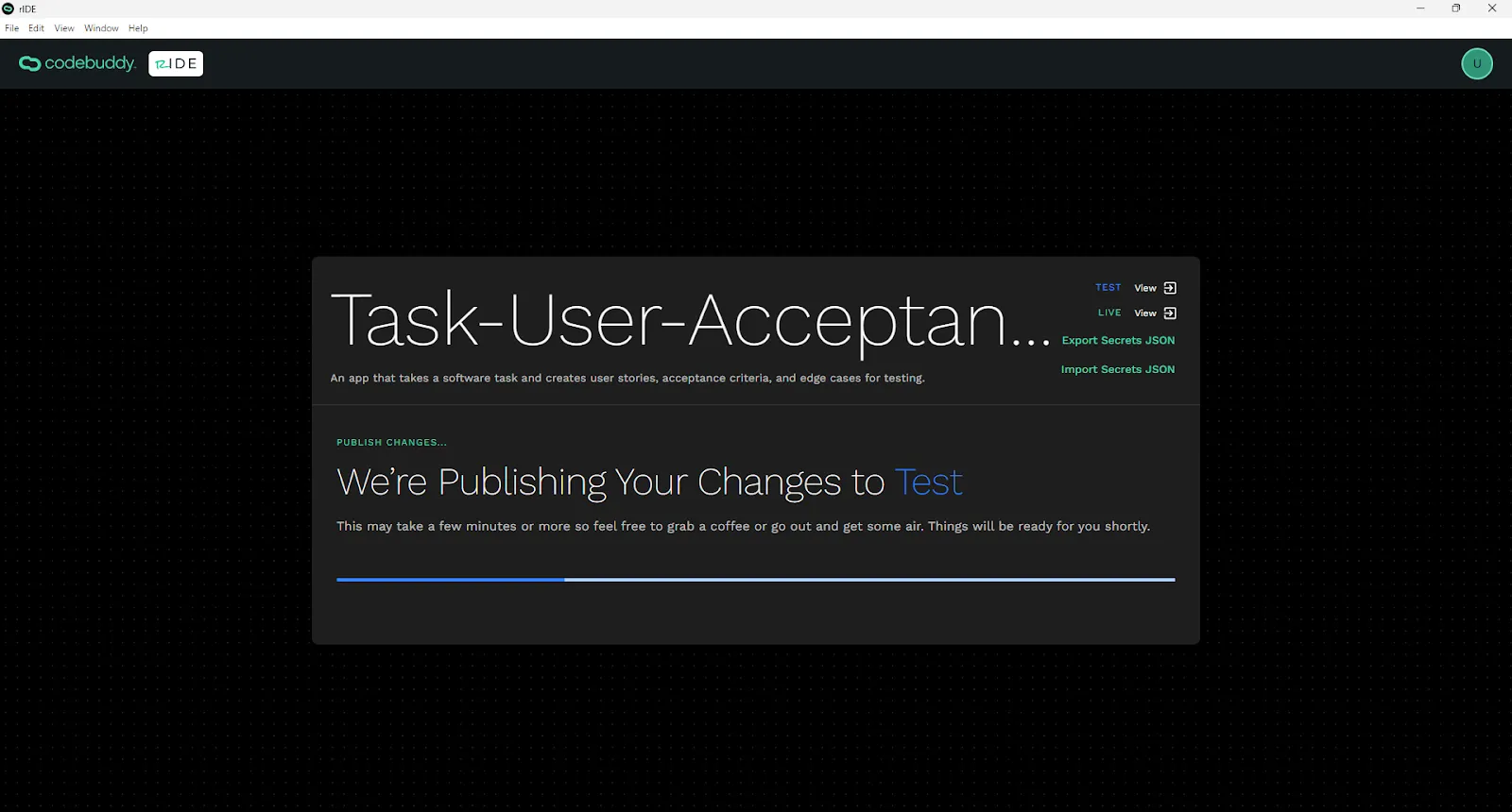 Publishing changes to a test environment loading screen.