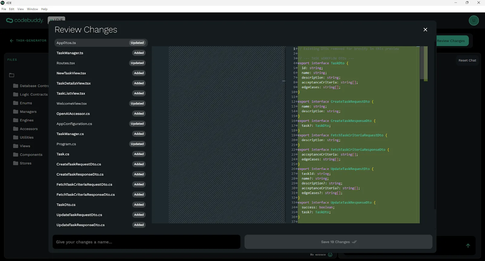 Review Changes modal with input to give changes a name.