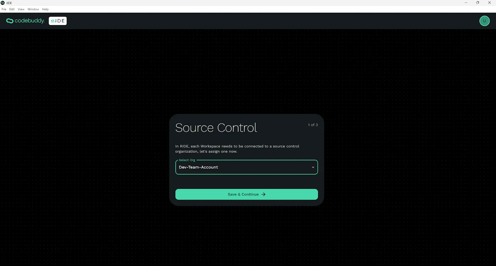 Ride Source Control dialog with a dropdown to use a GitHub organization and Next button.