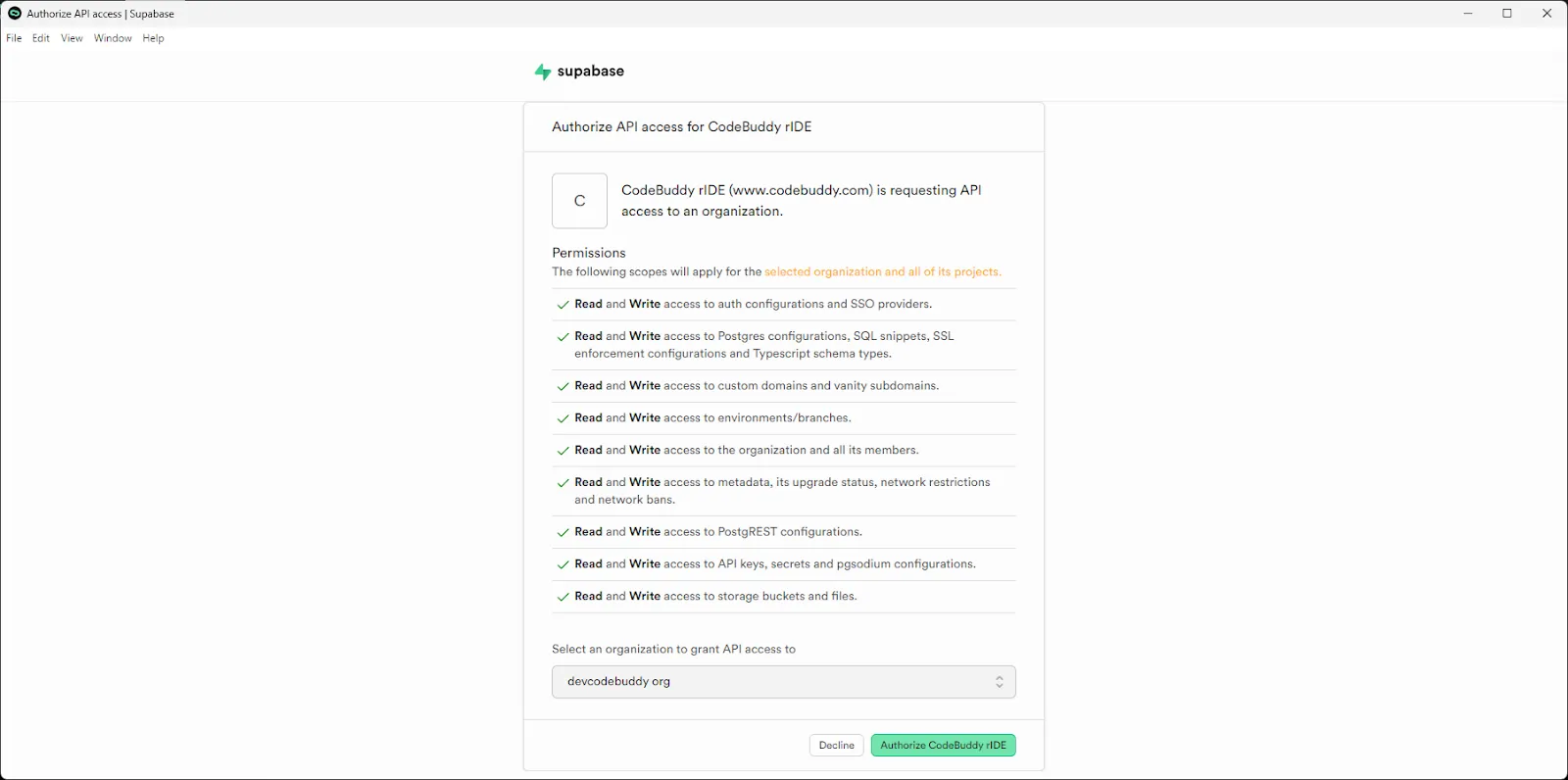 Supabase Auth Connection screen to Ride using GItHub authenication.