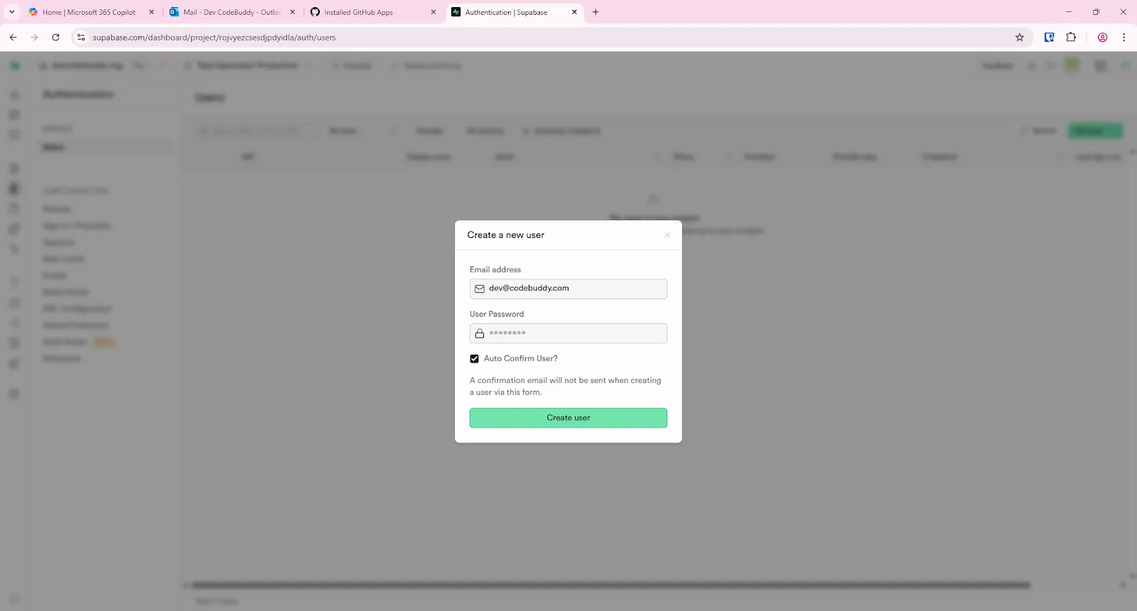 Supabase Create a New User modal within the Authenication table screen.