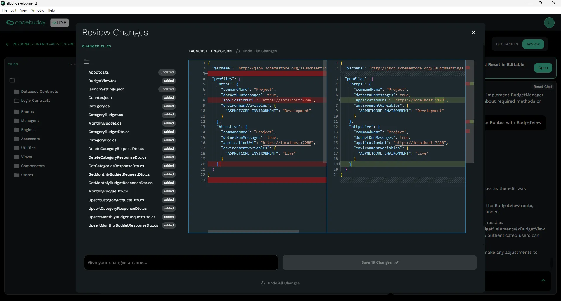 Review Changes modal with input to give changes a name.