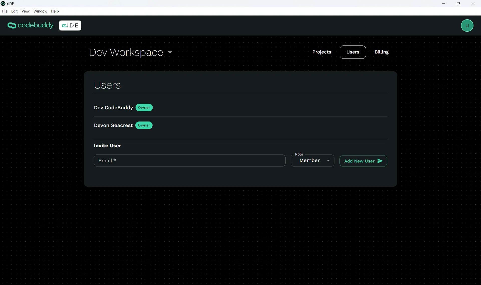 Adding a New User within the Workspace screen.