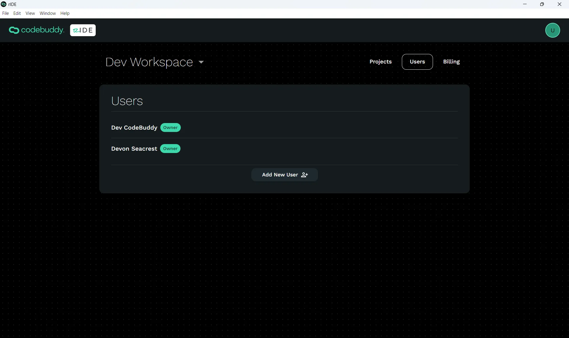 Workspace Users screen with a list of users and an Add New User button.
